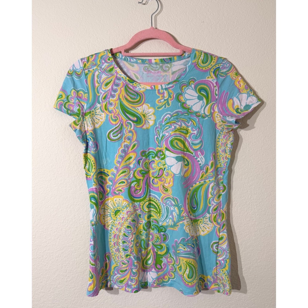 Lilly Pulitzer Women's Short Sleeve Tee Blue Green‎ Paisley Print Small Resort